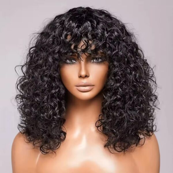 Natural Black Water Curls Real Human Hair Fringe Bangs Wigs For Women None Lace Curly Brazilian Virgin Remy Quality Wig 200% Density Medium Cap (22.5").