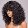 Natural Black Water Curls Real Human Hair Fringe Bangs Wigs For Women None Lace Curly Brazilian Virgin Remy Quality Wig 200% Density Medium Cap (22.5").