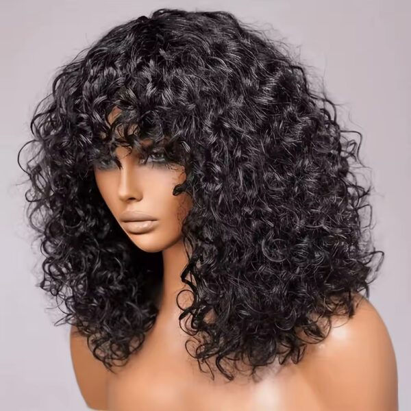 Natural Black Water Curls Real Human Hair Fringe Bangs Wigs For Women None Lace Curly Brazilian Virgin Remy Quality Wig 200% Density Medium Cap (22.5").