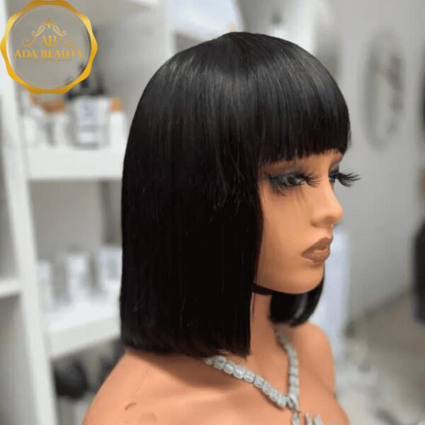 10 Inch Short Bob Colored Human Hair Bangs Wig For Women Bangs Brazilian Straight Virgin Human Hair Wig With Fringe Full Machine Made 180% Density.