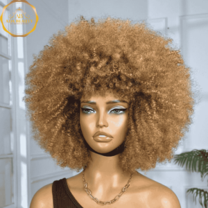 300% Density Afro Kinky Curly Brazilian Real Virgin Human Hair Wigs With Bangs For Black Women None Lace Full Machine-Made Honey Blonde Wig.