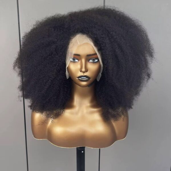 300% Density Fluffy Natural Black Afro Kinky Curly Transparent Frontal Wig 16 Inch Brazilian Virgin Remy Human Hair Short Bob Wigs For Black Women Medium Cap (22.5").