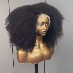 300% Density Fluffy Natural Black Afro Kinky Curly Transparent Frontal Wig 16 Inch Brazilian Virgin Remy Human Hair Short Bob Wigs For Black Women Medium Cap (22.5").