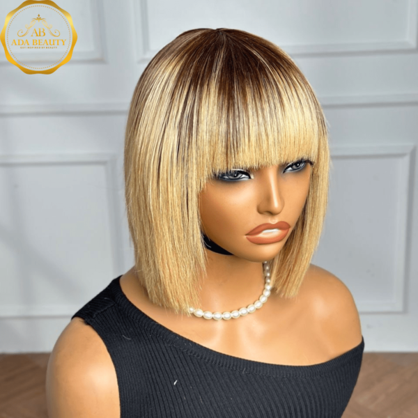 613 blonde short bob wig with brown roots and full bangs – 8 inch straight human hair wig for everyday wear and easy styling