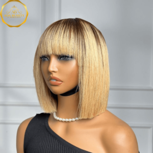 8 inch 613 blonde short bob wig with brown roots and bangs – straight human hair wig for women, pre-styled for natural look and comfort