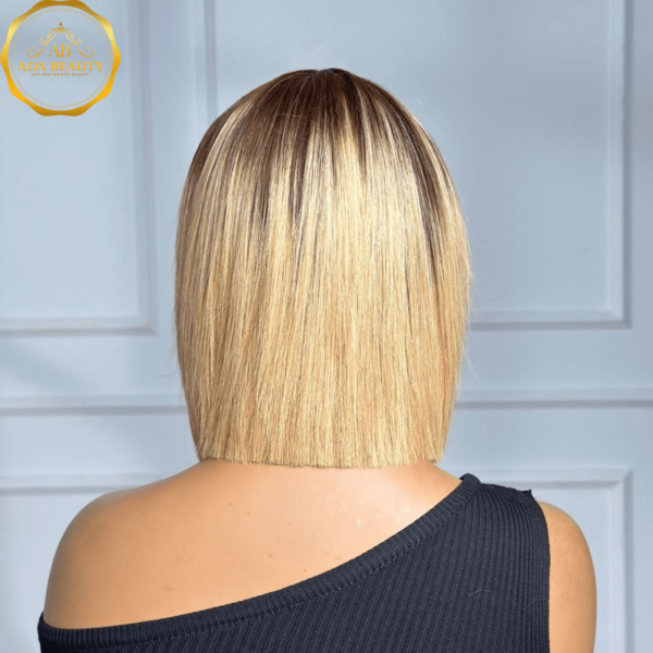 613 blonde straight bob wig with bangs – 8 inch cut, brown root ombré blend, premium human hair for natural-looking style