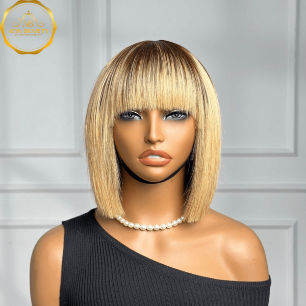 613 blonde short bob wig with brown roots and full bangs – 8 inch straight human hair wig for everyday wear and easy styling