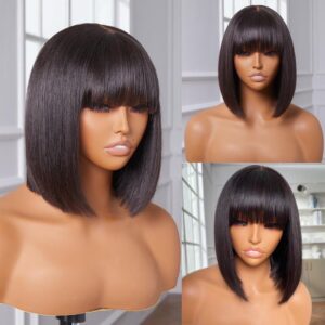 Straight human hair short bob wig with bangs – 8 inch natural black wig for a sleek, elegant look with soft texture and full fringe