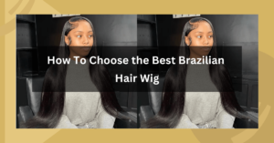 A woman wearing a sleek Brazilian human hair wig, smiling confidently while looking in a mirror, with wig styling tools and options displayed on a vanity, representing the process of choosing the best wig.