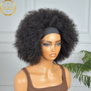 10-inch afro kinky curly short bob headband wig in natural black by ADA BEAUTY, glueless, 250% density, made with Brazilian virgin Remy hair.