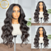 ADA BEAUTY 26 inch body wave Brazilian virgin Remy human hair wig, HD lace closure, natural black, glueless, shown on mannequin.