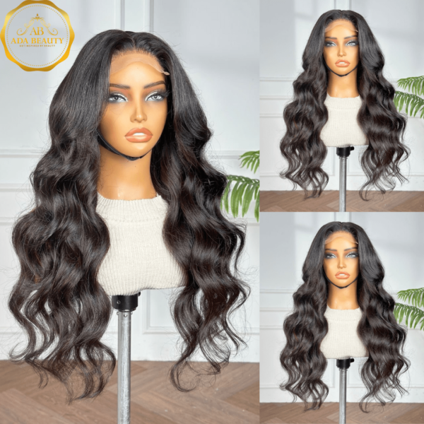 ADA BEAUTY 26 inch body wave Brazilian virgin Remy human hair wig, HD lace closure, natural black, glueless, shown on mannequin.