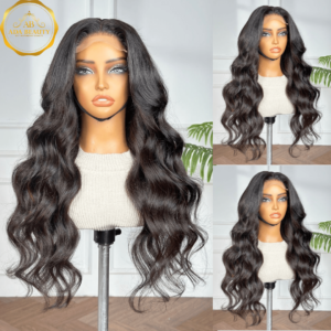 ADA BEAUTY 26 inch body wave Brazilian virgin Remy human hair wig, HD lace closure, natural black, glueless, shown on mannequin.