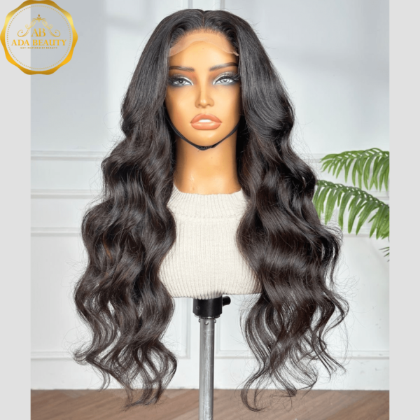 ADA BEAUTY 26 inch body wave Brazilian virgin Remy human hair wig, HD lace closure, natural black, glueless, shown on mannequin.