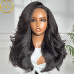 20-inch kinky straight virgin Remy human hair wig in natural black by ADA BEAUTY, glueless HD lace closure, pre-plucked hairline, 200% density.