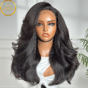 20-inch kinky straight virgin Remy human hair wig in natural black by ADA BEAUTY, glueless HD lace closure, pre-plucked hairline, 200% density.