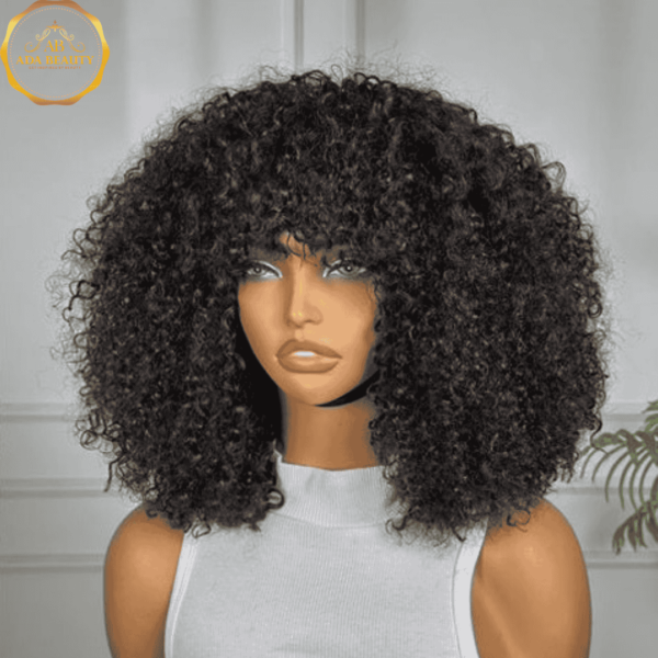 EVANNA Natural Black Curly Bob Wig Front View on Model