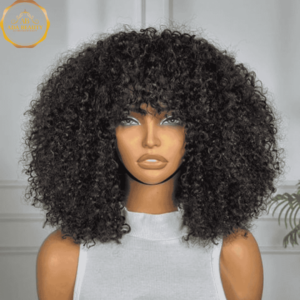 EVANNA 14 Inch Loose Curly Human Hair Bob Wig With Bangs