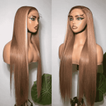 Light Brown Human Hair Lace Wig With Blonde on mannequin, long straight style