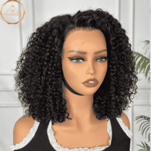 ZOE Curly 14 inch Bob Human Hair Glueless 13x4 Lace Frontal Wig   Front View on Mannequin