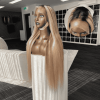Lauren 30 inch straight Brazilian human hair wig with caramel blonde highlights and dark roots