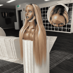 30 inch lauren lace front wig4 Lauren 30 inch straight Brazilian human hair wig with caramel blonde highlights and dark roots