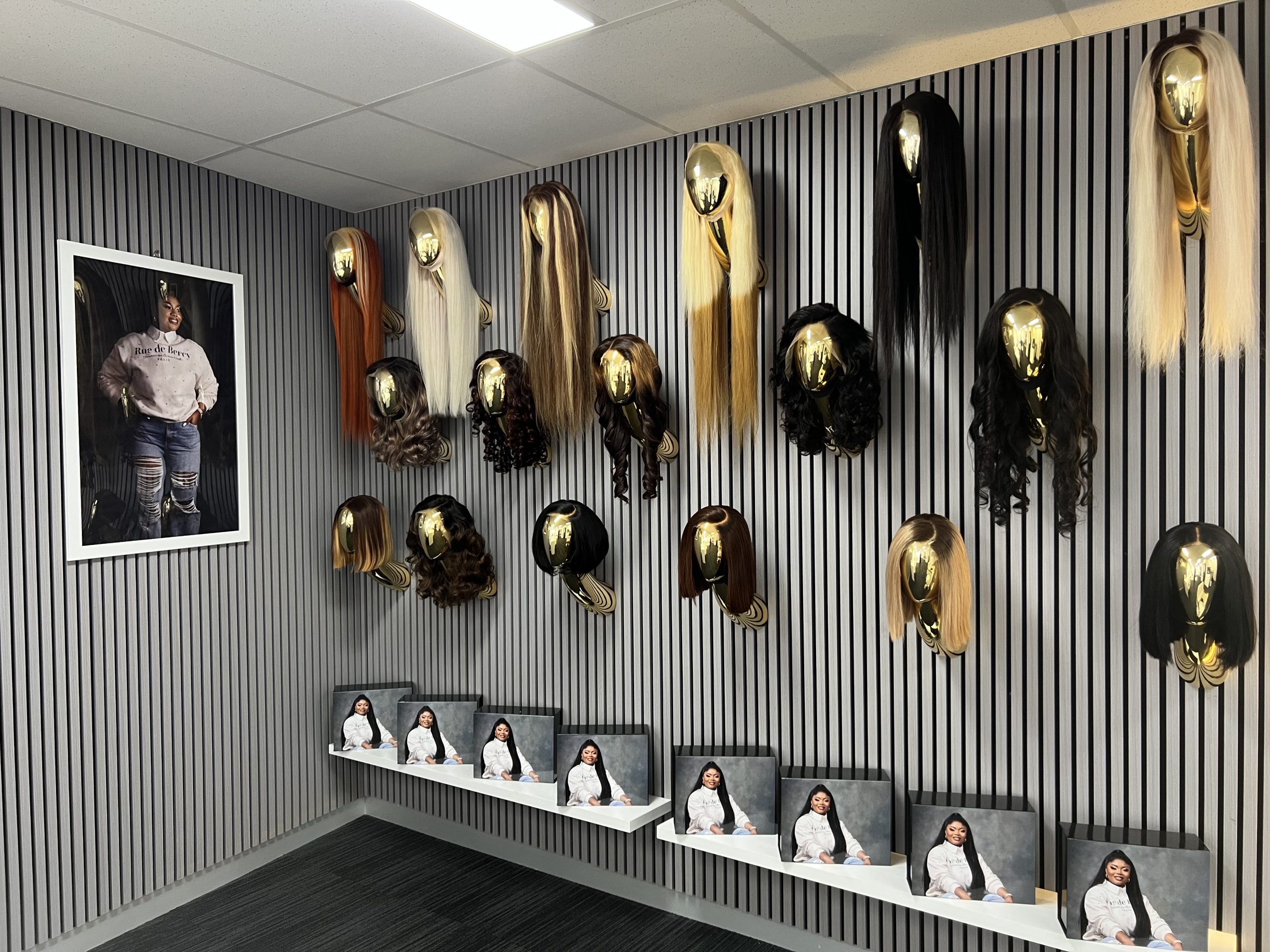 ADA BEAUTY Melbourne wig boutique interior displaying high-quality human hair wigs in various colours, styles, and lengths