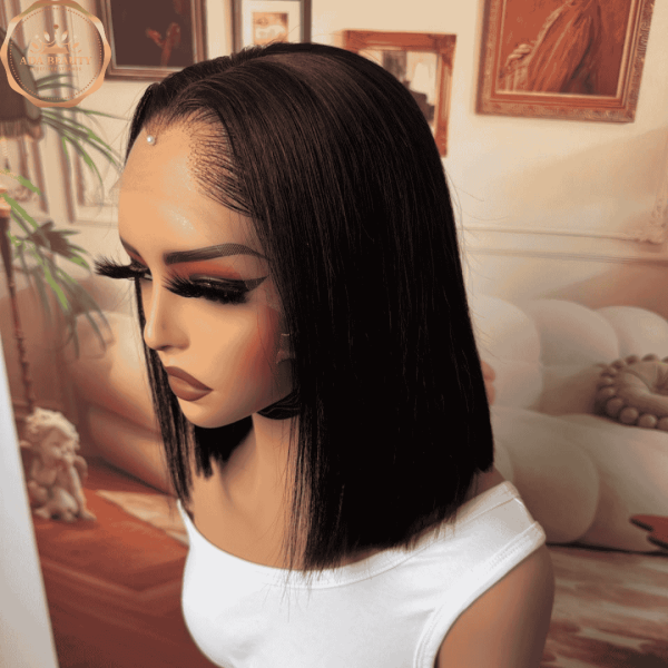 ALICE Lagos Hairline HD Lace Front glueless Bob human hair Wig 12 inch - pre-plucked, pre-bleached, pre-styled, salon finish quality showing natural hairline - showing realistic view from the side on a mannequin