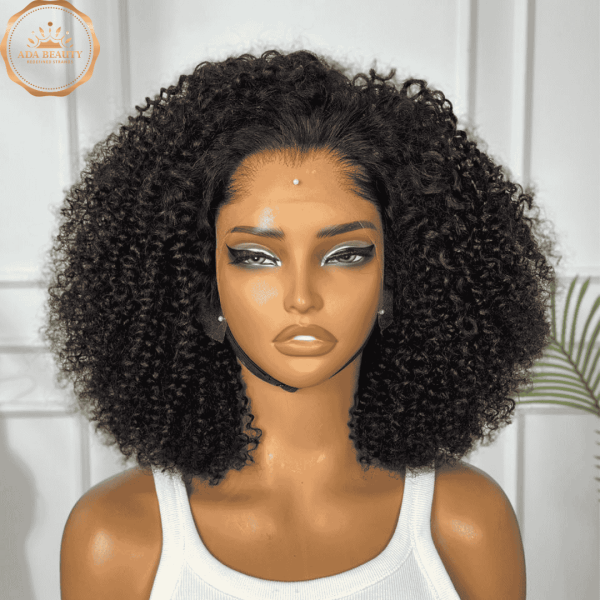 LILLAN Kinky Curly Bob Glueless HD Lace human hair Wig 14-Inch - front view with a natural hairline, pre-styled