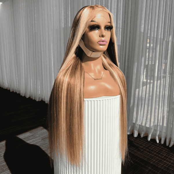IRIS Highlight Blonde Brown Human Hair Lace Wig   front view on a female mannequin
