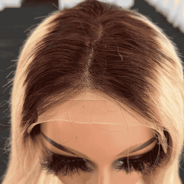 RILEY 613 Blonde Glueless Wig Human Hair - showing dark brown roots with a realistic hairline