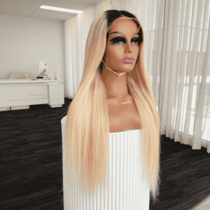 RILEY 613 Blonde Glueless Wig Human Hair   30 inch straight with highlighted brown