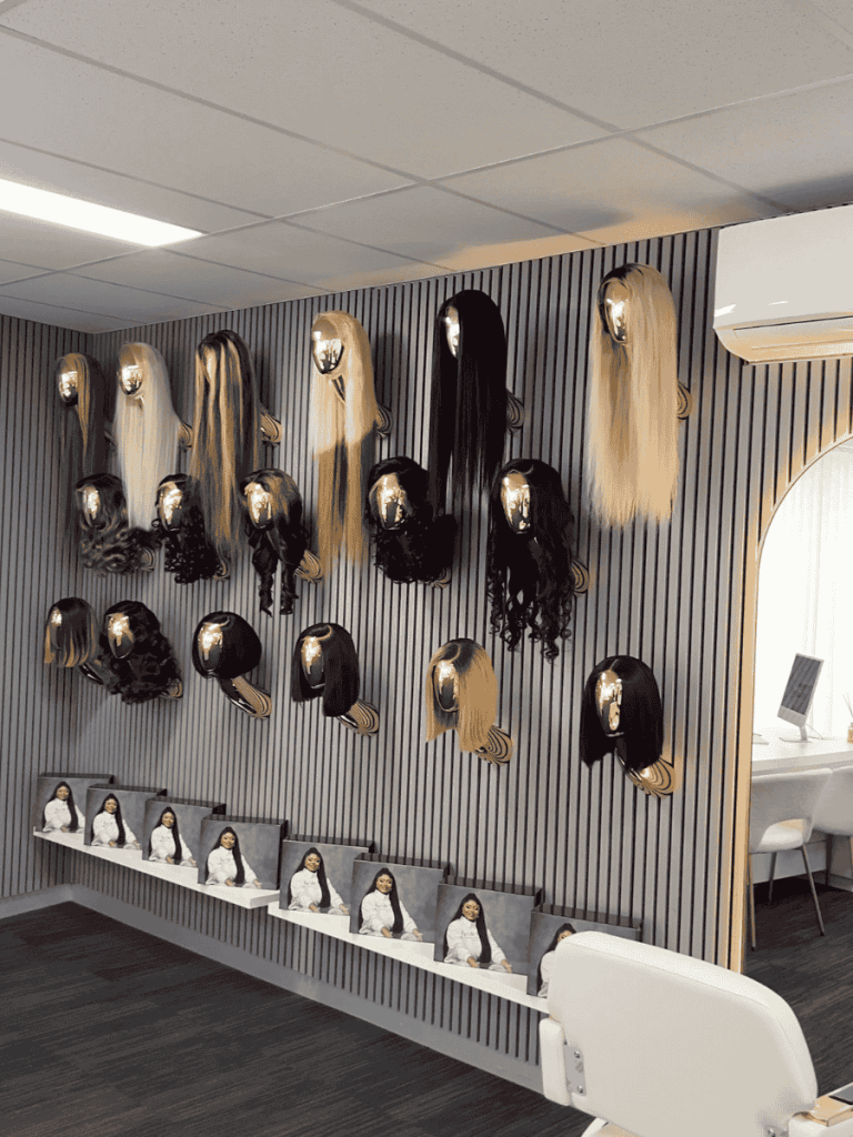 premium wig shop in melbourne at ADA BEAUTY showcasing luxury human hair wigs on mannequin heads