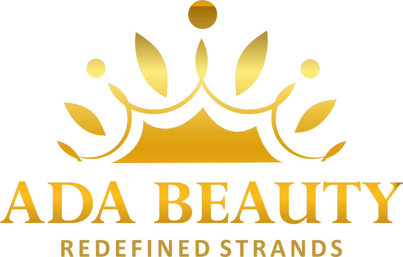 ada beauty new logo3 Ada Beauty logo gold crown graphic with leaves and dots above the text ADA BEAUTY and the tagline REDEFINED STRANDS below